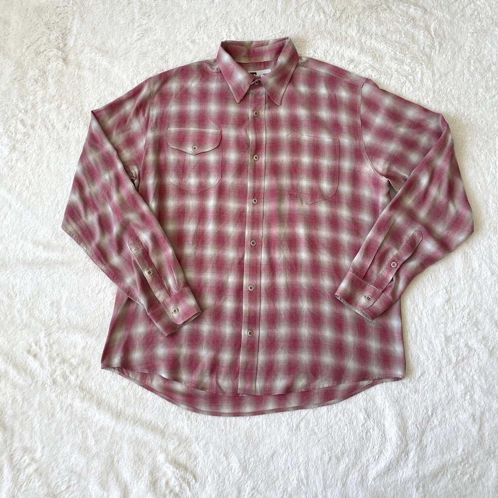 Tellason Mens Shadow Plaid Shirt Long Sleeve Red Cream Japanese Fabric USA Large